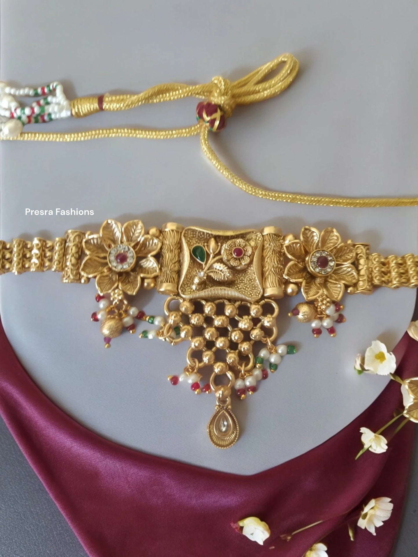 Rajwadi Choker Set Flowery design with Polki CH05- Presra Fashionss