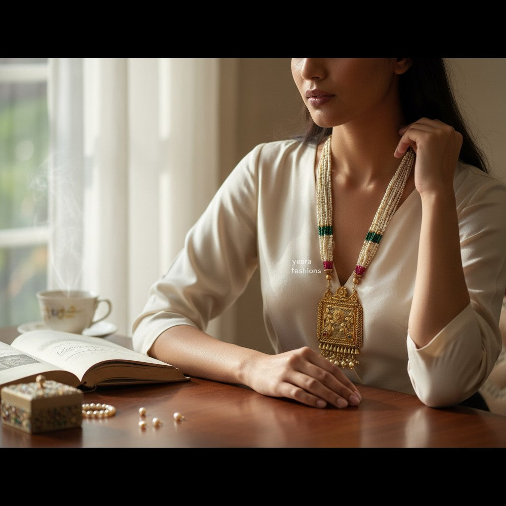 Woman wearing a gold necklace with colorful beads in a warm, indoor setting.