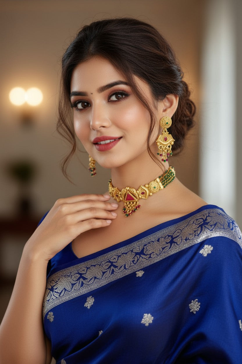 Woman wearing a blue saree with gold jewelry indoors