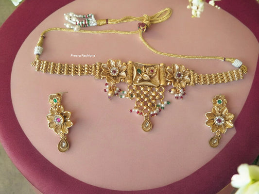 Rajwadi Choker Set Flowery design with Polki  CH05- Presra Fashions
