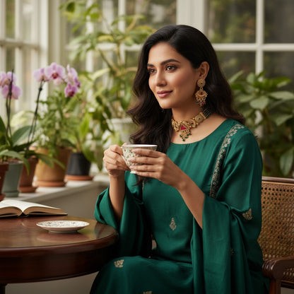 Woman in a green traditional outfit holding a cup in a cozy indoor setting with plants.